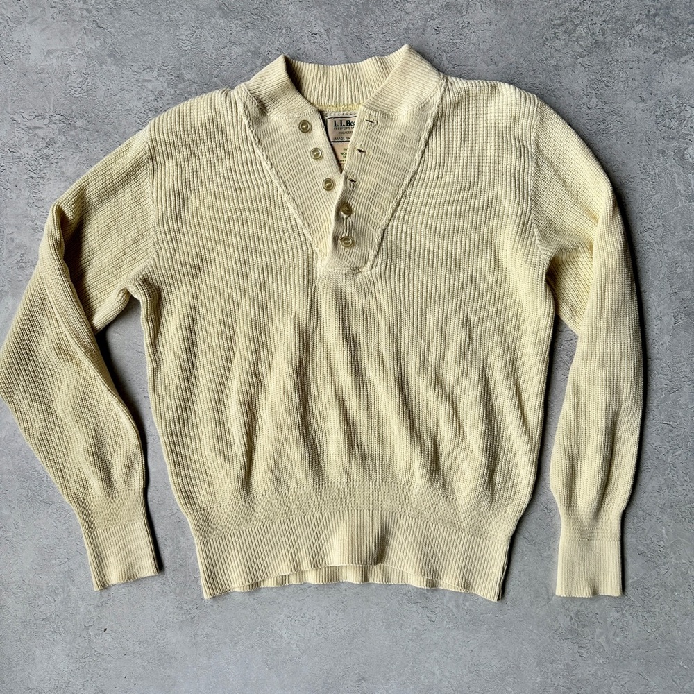Vintage L.L. Bean Light Cream yellow  Ribbed Henley Sweater